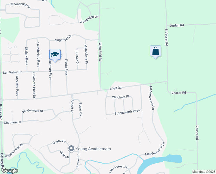 map of restaurants, bars, coffee shops, grocery stores, and more near 6295 Hill Road in Grand Blanc