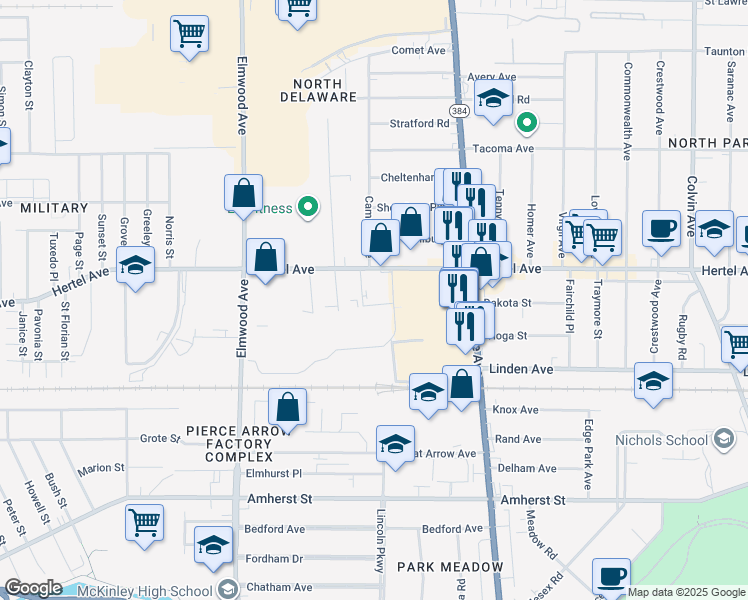 map of restaurants, bars, coffee shops, grocery stores, and more near 93 Rosalia Street in Buffalo
