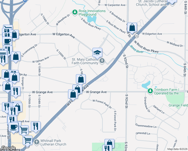 map of restaurants, bars, coffee shops, grocery stores, and more near 9621 West Forest Home Avenue in Hales Corners