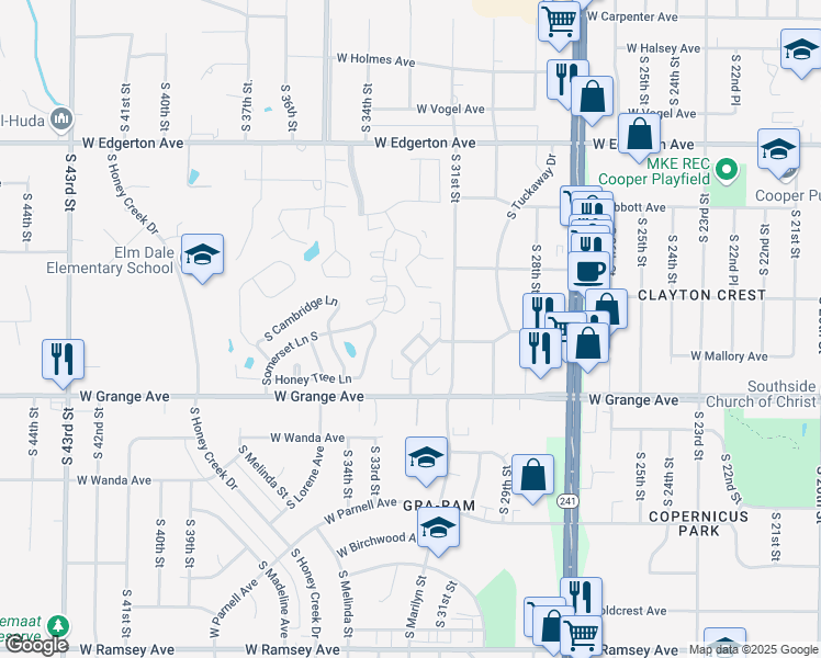 map of restaurants, bars, coffee shops, grocery stores, and more near 5391 South Tuckaway Circle in Greenfield