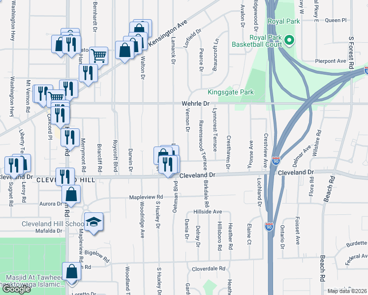 map of restaurants, bars, coffee shops, grocery stores, and more near 4 Vernon Drive in Buffalo