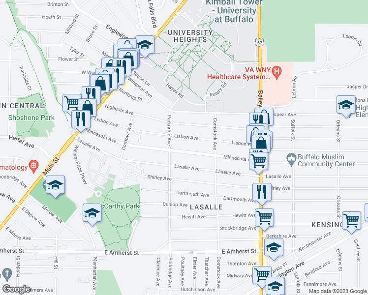 map of restaurants, bars, coffee shops, grocery stores, and more near 241 Minnesota Avenue in Buffalo