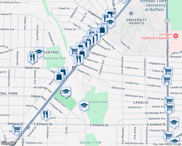 map of restaurants, bars, coffee shops, grocery stores, and more near 98 Lasalle Avenue in Buffalo