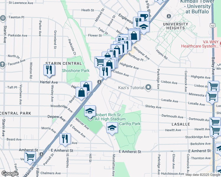 map of restaurants, bars, coffee shops, grocery stores, and more near 57 Lasalle Avenue in Buffalo