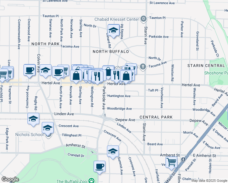 map of restaurants, bars, coffee shops, grocery stores, and more near 451 Huntington Avenue in Buffalo