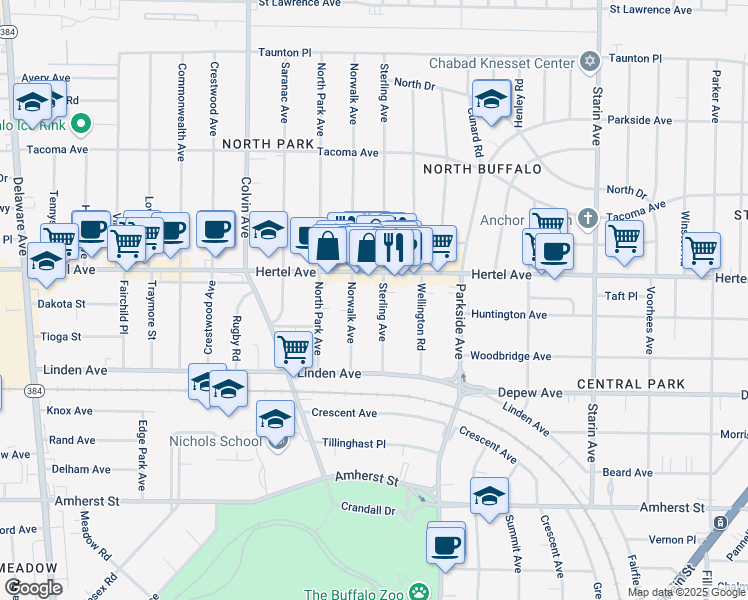 map of restaurants, bars, coffee shops, grocery stores, and more near 70 Sterling Avenue in Buffalo