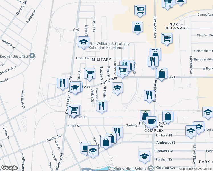 map of restaurants, bars, coffee shops, grocery stores, and more near 87 Saint Florian Street in Buffalo