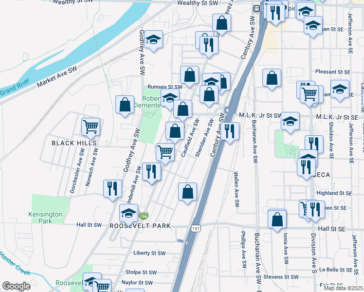 map of restaurants, bars, coffee shops, grocery stores, and more near 892 Caulfield Avenue Southwest in Grand Rapids