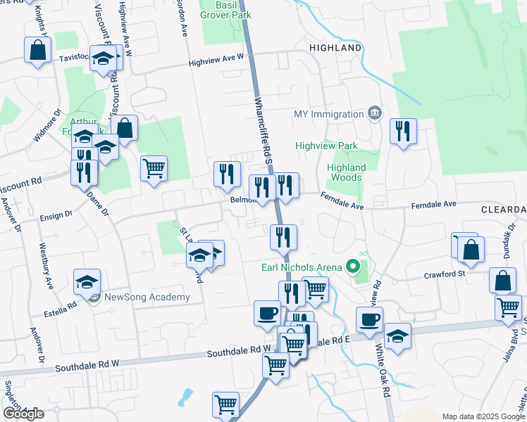map of restaurants, bars, coffee shops, grocery stores, and more near 100 Belmont Drive in London