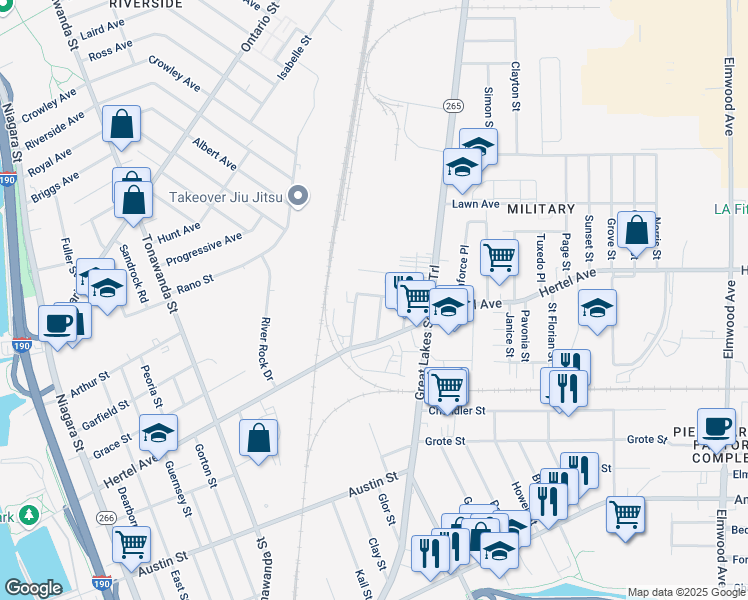 map of restaurants, bars, coffee shops, grocery stores, and more near 51 Gladstone Street in Buffalo