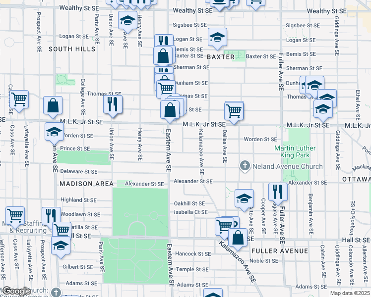 map of restaurants, bars, coffee shops, grocery stores, and more near 850 Geneva Avenue Southeast in Grand Rapids