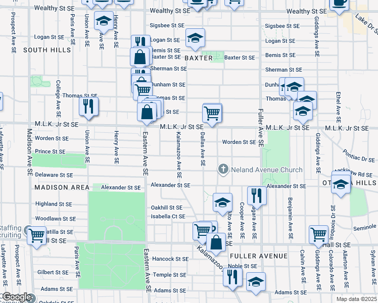 map of restaurants, bars, coffee shops, grocery stores, and more near 919 Prince Street Southeast in Grand Rapids