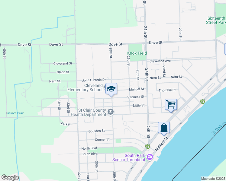 map of restaurants, bars, coffee shops, grocery stores, and more near 3104 28th Street in Port Huron