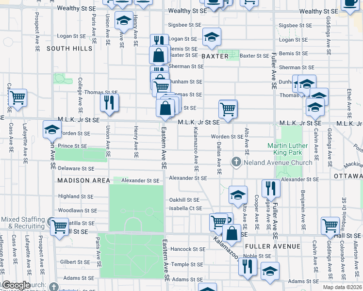 map of restaurants, bars, coffee shops, grocery stores, and more near 850 Geneva Avenue Southeast in Grand Rapids