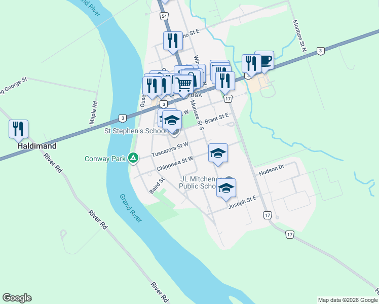 map of restaurants, bars, coffee shops, grocery stores, and more near 7 Chippewa Street West in Cayuga