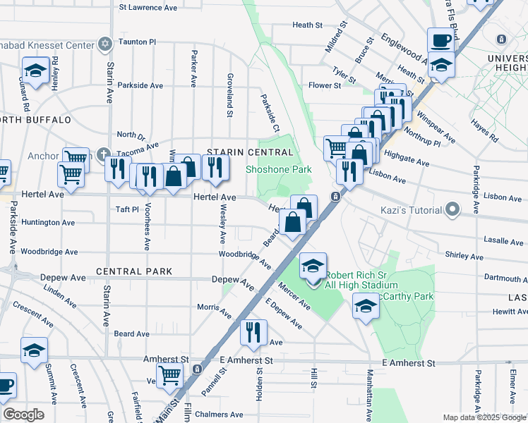 map of restaurants, bars, coffee shops, grocery stores, and more near 1991 Hertel Ave in Buffalo