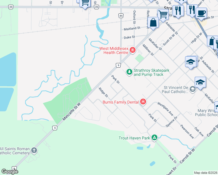 map of restaurants, bars, coffee shops, grocery stores, and more near 10 Vine Avenue in Strathroy