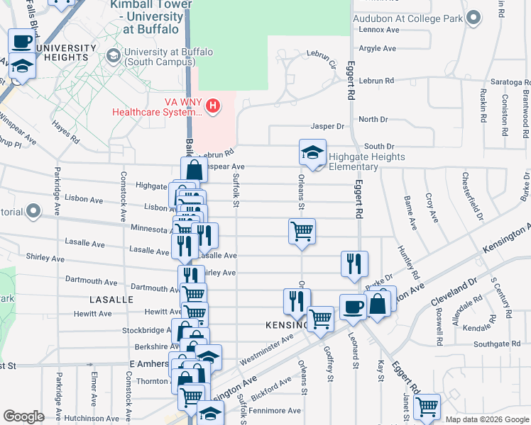 map of restaurants, bars, coffee shops, grocery stores, and more near 535 Lisbon Avenue in Buffalo