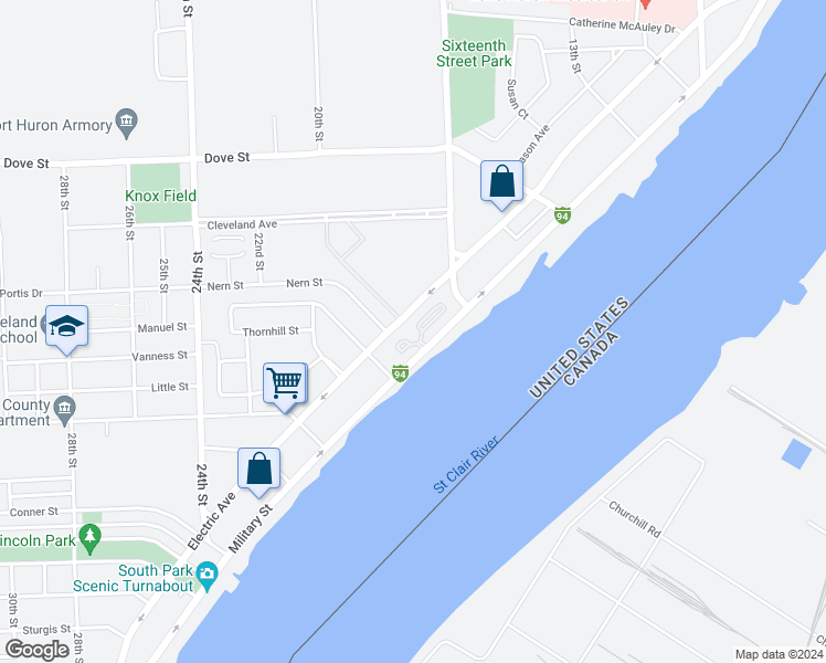 map of restaurants, bars, coffee shops, grocery stores, and more near 3201 Military Street in Port Huron