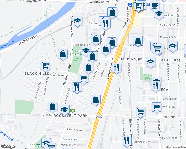 map of restaurants, bars, coffee shops, grocery stores, and more near 879 Caulfield Avenue Southwest in Grand Rapids