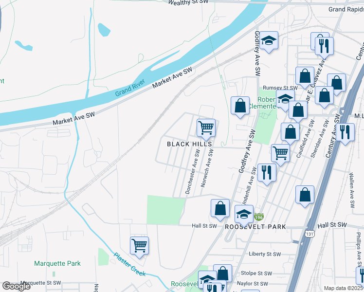 map of restaurants, bars, coffee shops, grocery stores, and more near 909 Kensington Avenue Southwest in Grand Rapids