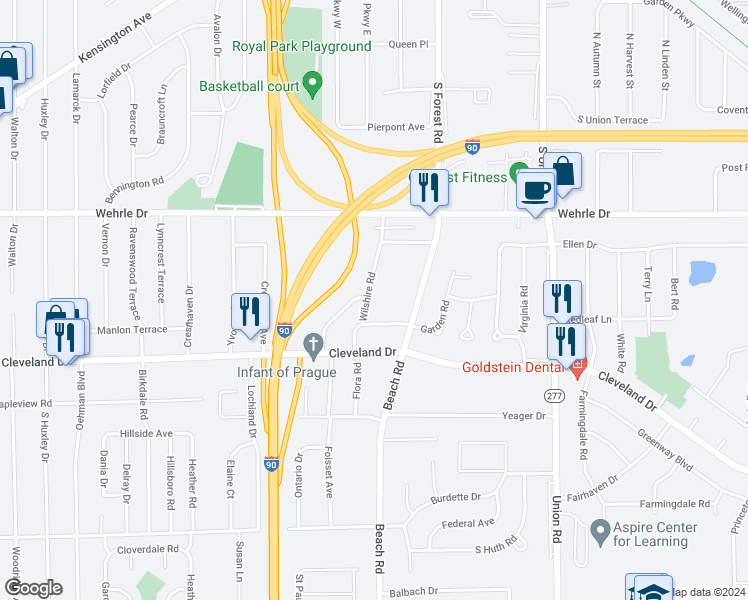map of restaurants, bars, coffee shops, grocery stores, and more near 51 Wilshire Road in Cheektowaga