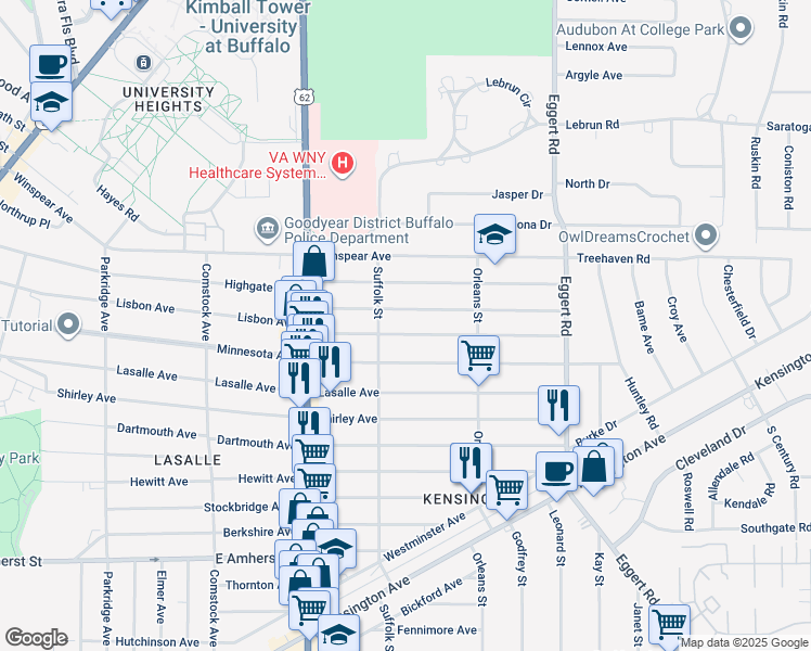 map of restaurants, bars, coffee shops, grocery stores, and more near 497 Lisbon Avenue in Buffalo