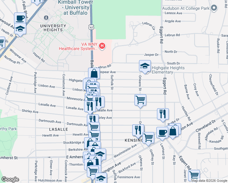 map of restaurants, bars, coffee shops, grocery stores, and more near 497 Lisbon Avenue in Buffalo