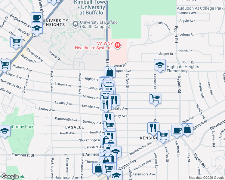 map of restaurants, bars, coffee shops, grocery stores, and more near 417 Lisbon Avenue in Buffalo