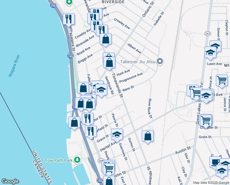 map of restaurants, bars, coffee shops, grocery stores, and more near 638 Tonawanda Street in Buffalo