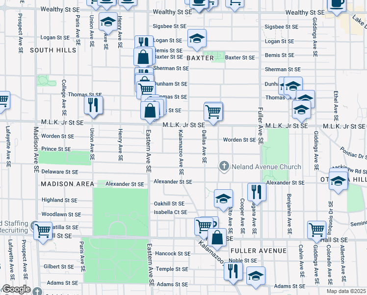 map of restaurants, bars, coffee shops, grocery stores, and more near 919 Prince Street Southeast in Grand Rapids