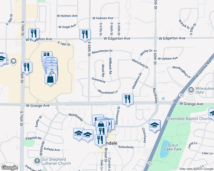 map of restaurants, bars, coffee shops, grocery stores, and more near 5455 Moorehead Lane in Greendale