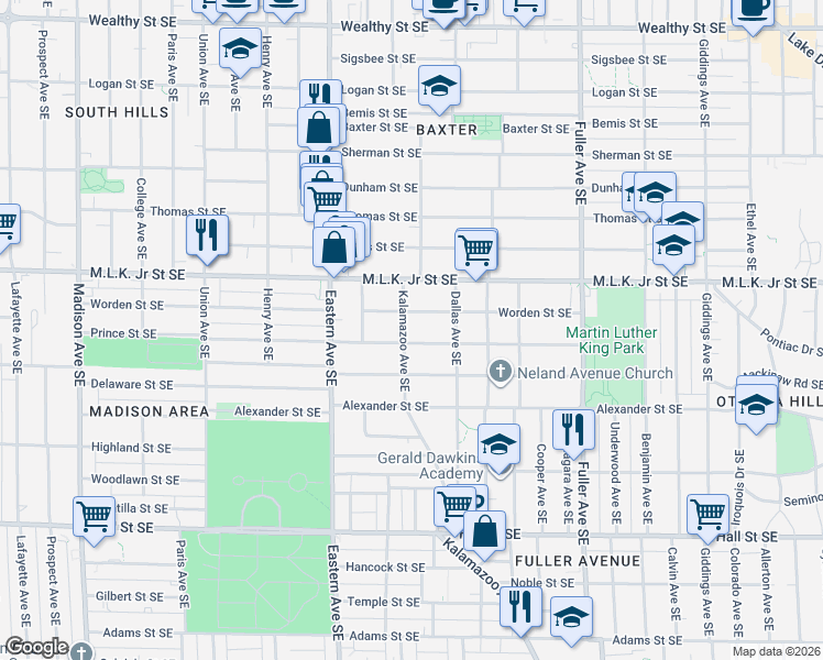 map of restaurants, bars, coffee shops, grocery stores, and more near 919 Prince Street Southeast in Grand Rapids