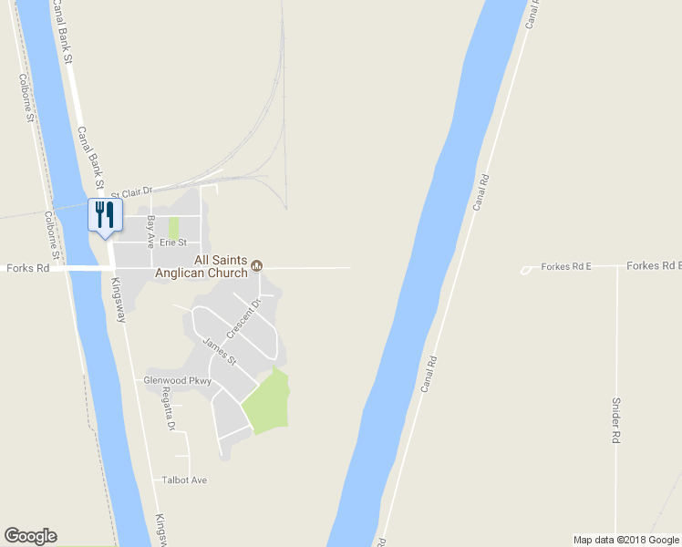 map of restaurants, bars, coffee shops, grocery stores, and more near 285 Forks Road East in Welland