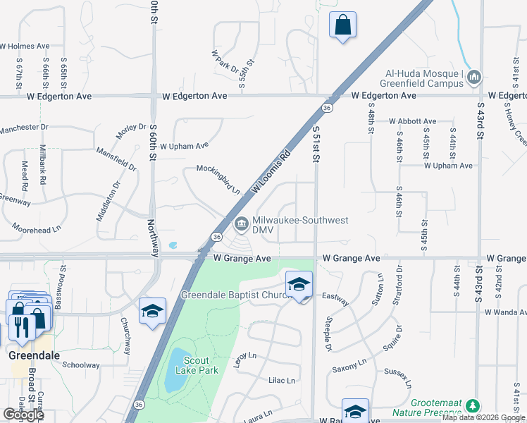 map of restaurants, bars, coffee shops, grocery stores, and more near 5151 Maplewood Drive in Greendale