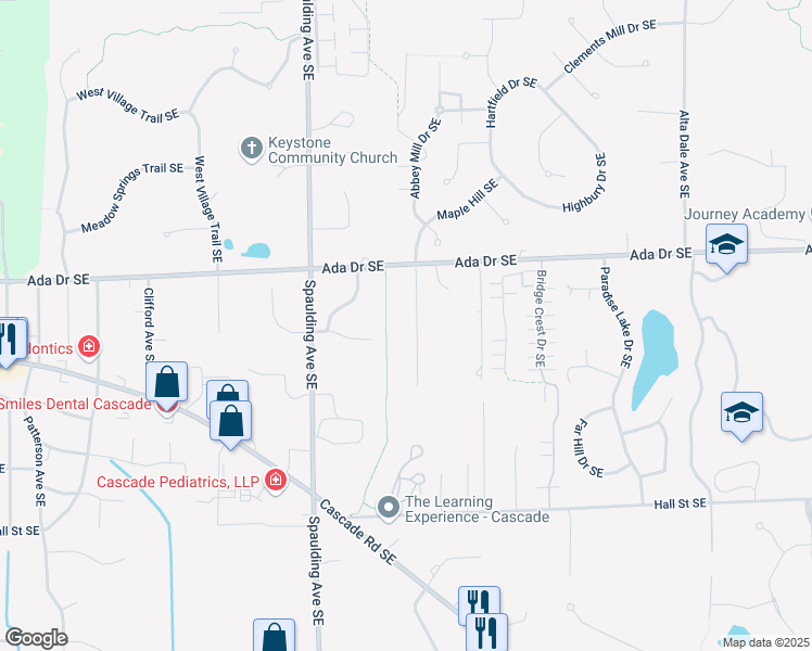 map of restaurants, bars, coffee shops, grocery stores, and more near 911 Maple Hill Southeast in Ada