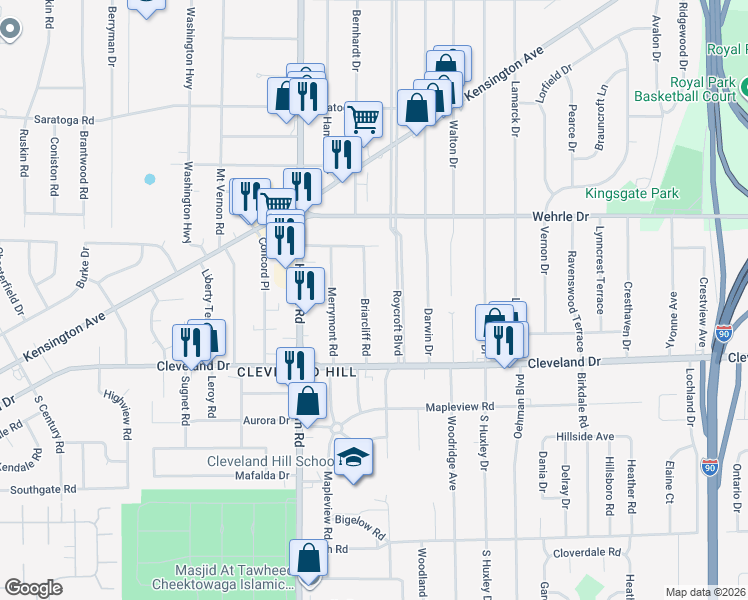 map of restaurants, bars, coffee shops, grocery stores, and more near 114 Briarcliff Road in Buffalo