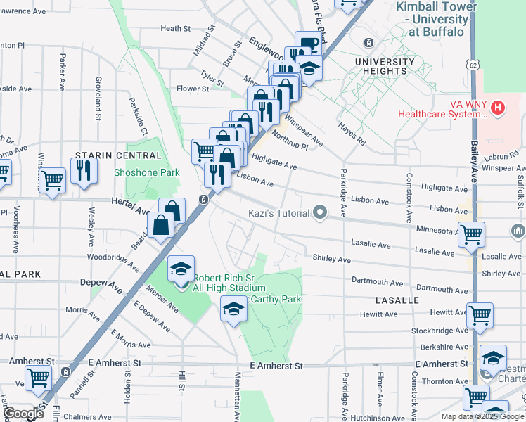 map of restaurants, bars, coffee shops, grocery stores, and more near 98 Lasalle Avenue in Buffalo