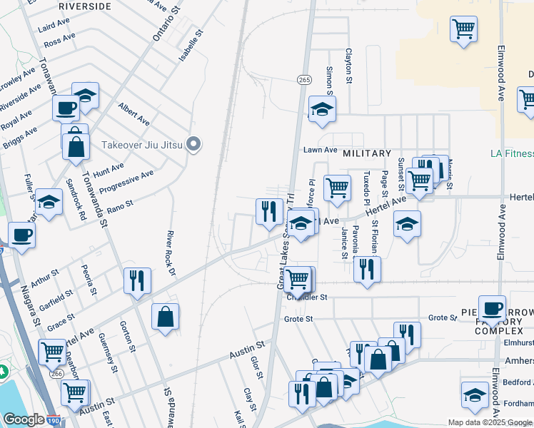map of restaurants, bars, coffee shops, grocery stores, and more near 20 Short Street in Buffalo