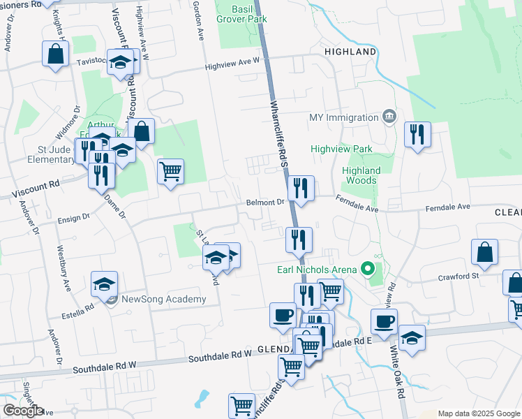 map of restaurants, bars, coffee shops, grocery stores, and more near 100 Belmont Drive in London