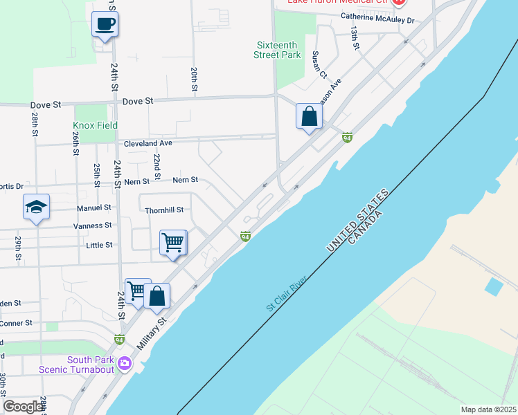 map of restaurants, bars, coffee shops, grocery stores, and more near 3200 Military Street in Port Huron