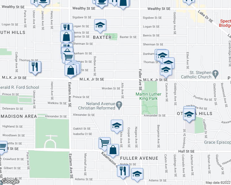 map of restaurants, bars, coffee shops, grocery stores, and more near 1049 Prince Street Southeast in Grand Rapids