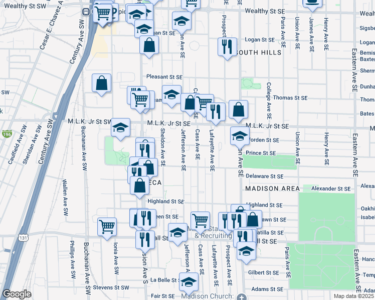 map of restaurants, bars, coffee shops, grocery stores, and more near 924 Jefferson Avenue Southeast in Grand Rapids