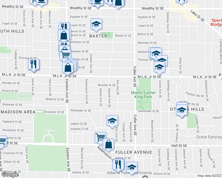 map of restaurants, bars, coffee shops, grocery stores, and more near 842 Neland Avenue Southeast in Grand Rapids
