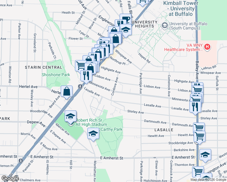 map of restaurants, bars, coffee shops, grocery stores, and more near Minnesota Ave & Cordova Ave in Buffalo
