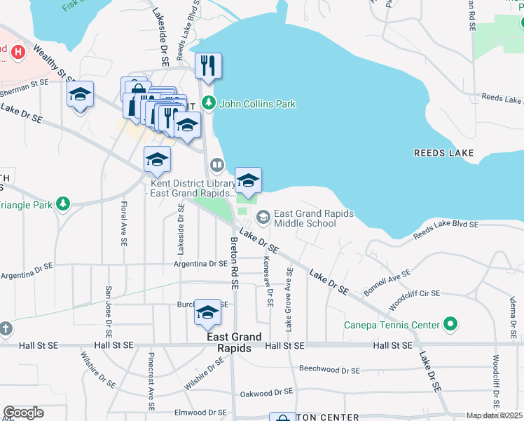 map of restaurants, bars, coffee shops, grocery stores, and more near 2425 Lake Drive Southeast in Grand Rapids