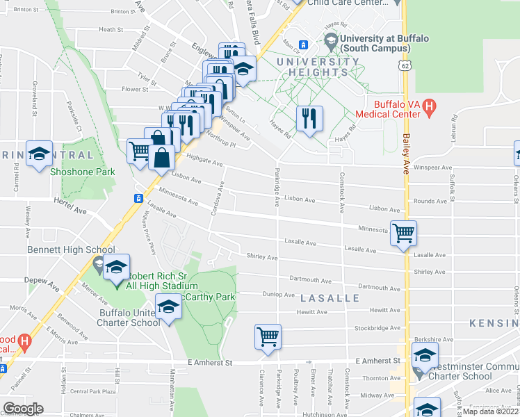 map of restaurants, bars, coffee shops, grocery stores, and more near 182 Minnesota Avenue in Buffalo
