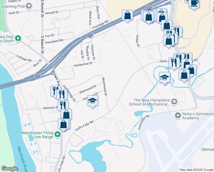 map of restaurants, bars, coffee shops, grocery stores, and more near 370 Westwood Drive in Manchester
