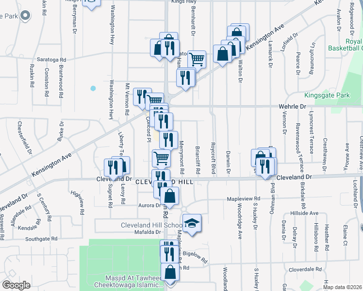 map of restaurants, bars, coffee shops, grocery stores, and more near 244 Merrymont Road in Buffalo