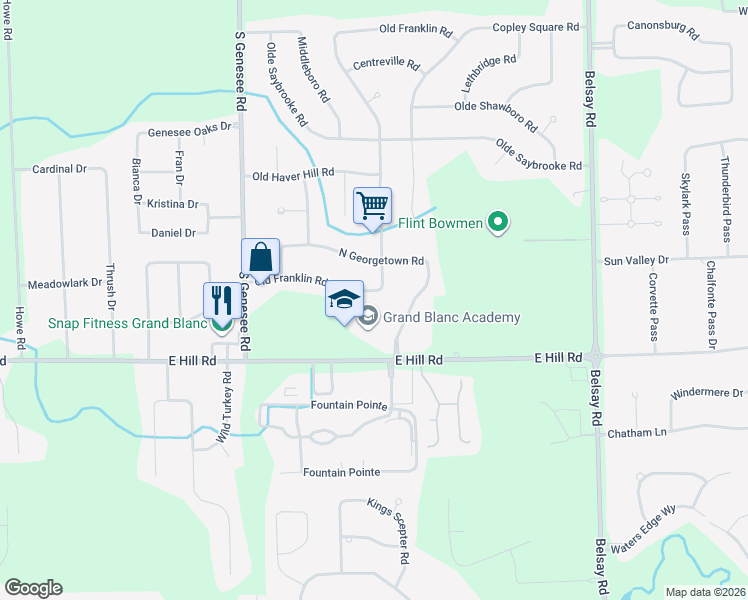 map of restaurants, bars, coffee shops, grocery stores, and more near 5358 North Georgetown Road in Grand Blanc